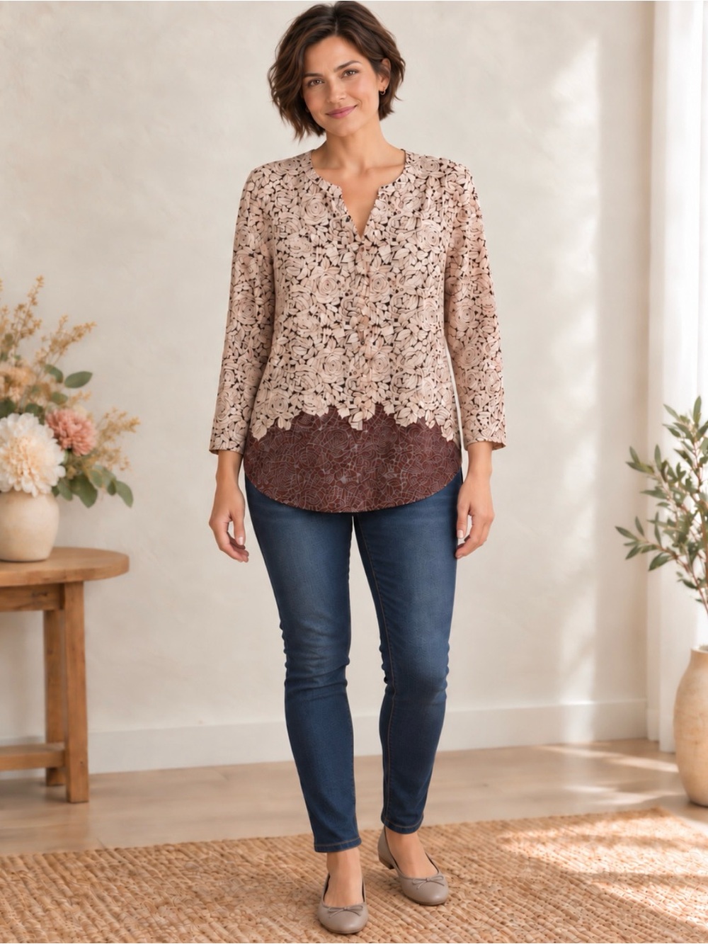 Ann Taylor Women's Boho Tunic Long Sleeve Shirt Burgundy & Pink Size XS